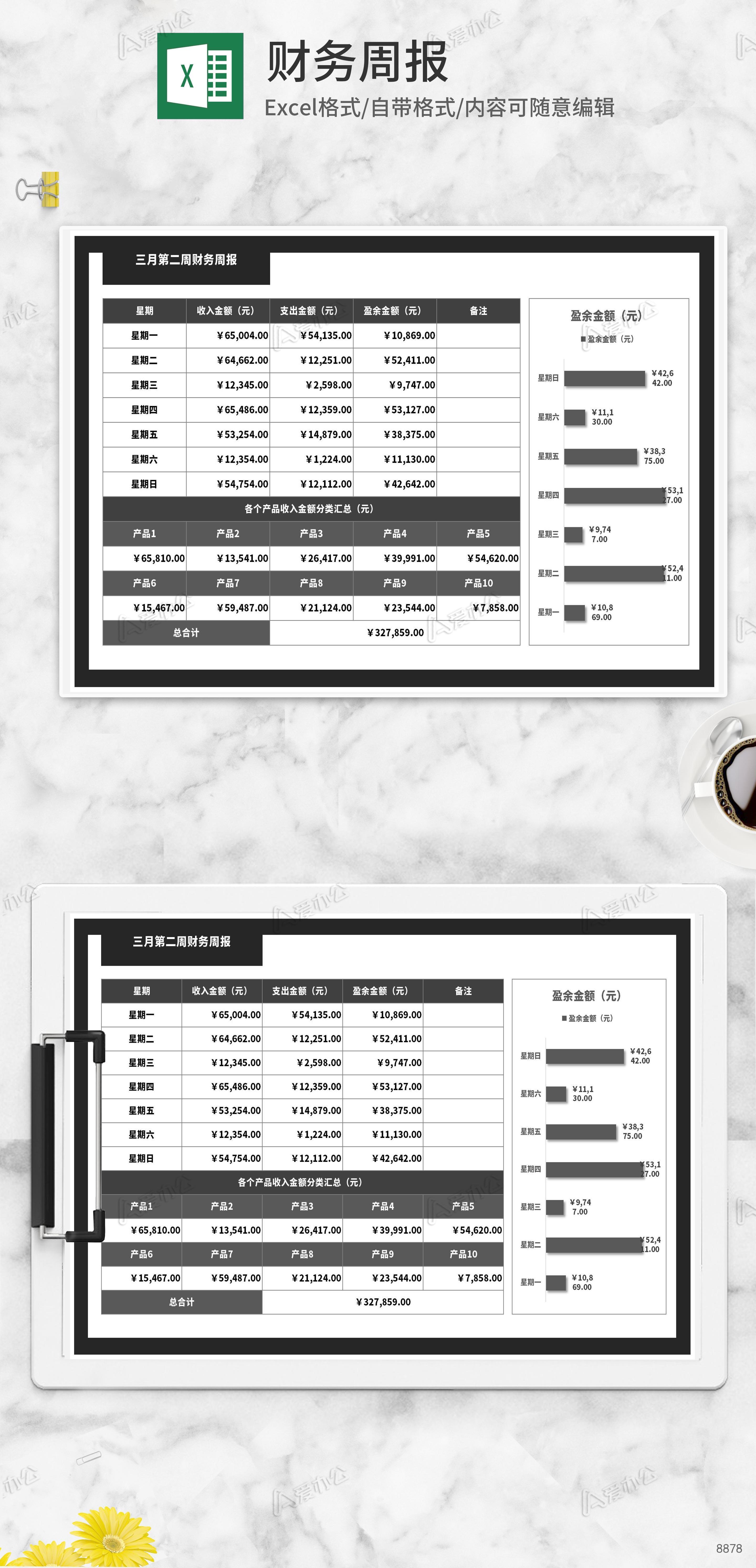 灰色产品收入财务周报表excel模板
